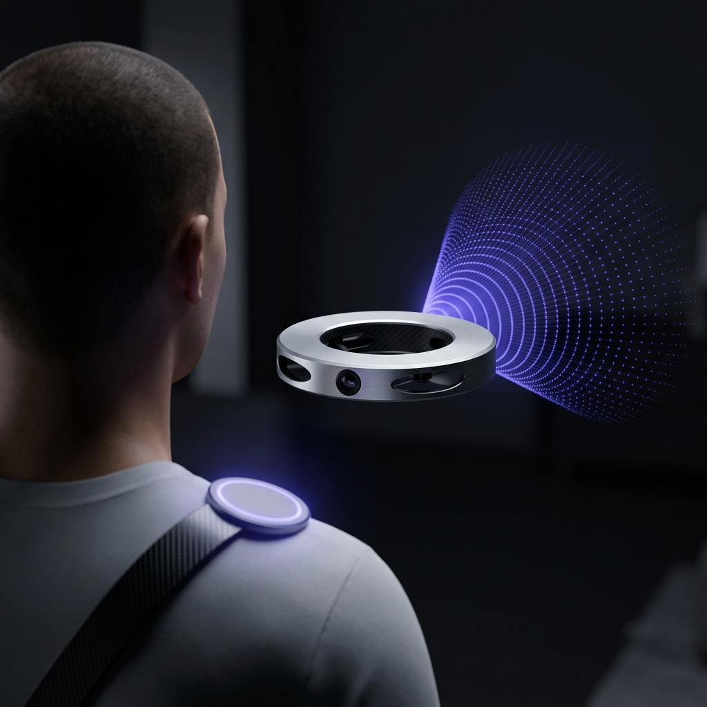 AIPC ring drone in active scan mode on shoulder platform